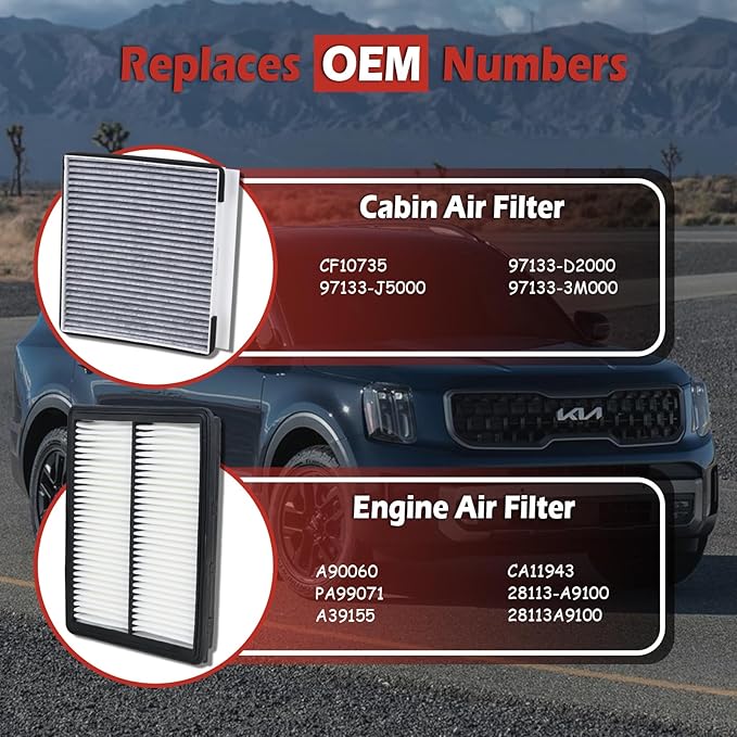28113-A9100 Engine Air Filter and 97133-J5000 Cabin Air Filter kit Compatible with 2019-2020 Hyundai Santa Fe 2.0L 2.4L 2020-2025 Kia Telluride 3.8L Replaces CA11943 97133-3M000