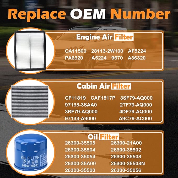 Kefly 28113-2W100 Engine Air Filter & 26300-35505 Oil Filter & 97133-3SAA0 Cabin Air Filter Fits for 2013-2018 Hyundai Santa Fe, 2013-2019 Santa Fe XL, 2013-2016 Santa Fe Sport