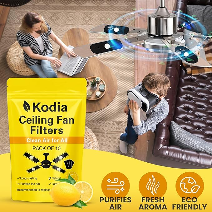 Kodia Ceiling Fan Filters for Blades – Activated Carbon Air Purifier Pads for Dust & Odor Control – Universal Fit Fan Filters with Lemon Scent – 10 Pack + 10 Deodorizing Tablets