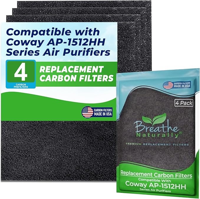 Breathe Naturally Replacement Filter Compatible with Coway AP-1512HH Series Air Purifiers - Air Purifier Carbon Filter - Activated Charcoal Filter Sheets - 15”x13”x0.2” (Pack of 4 Carbon Prefilters)