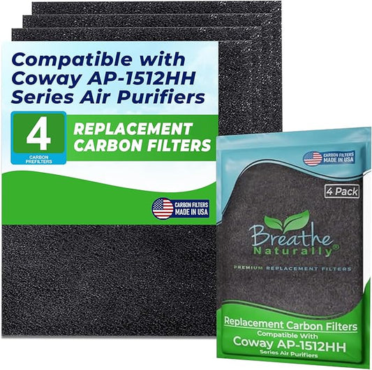 Breathe Naturally Replacement Filter Compatible with Coway AP-1512HH Series Air Purifiers - Air Purifier Carbon Filter - Activated Charcoal Filter Sheets - 15”x13”x0.2” (Pack of 4 Carbon Prefilters)