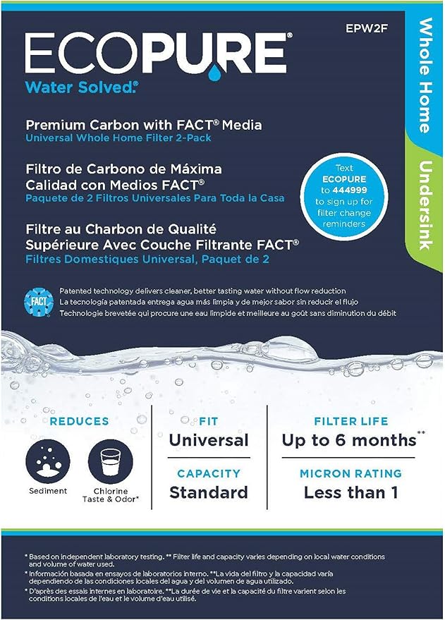 EcoPure EPW2F Premium Fact Universal Whole Home Filter (8 Pack), 1 Count (Pack of 2), Dark Gray/Black