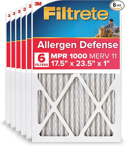 Filtrete 17.5x23.5x1 AC Furnace Air Filter, MERV 11, MPR 1000, Micro Allergen Defense, 3-Month Pleated 1-Inch Electrostatic Air Cleaning Filter, 6 Pack (Actual Size Pack 17.19x23.19x0.81 in)
