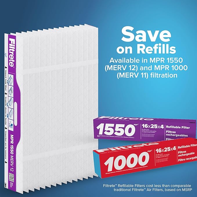 Filtrete 16x25x4 Refillable Air Filter replacement, MPR 1550, MERV 12, Allergen Bacteria & Virus, 2 Pack, use with reusable air filter frame of Filtrete Refillable Air Filter Kit, for HVAC, Furnace