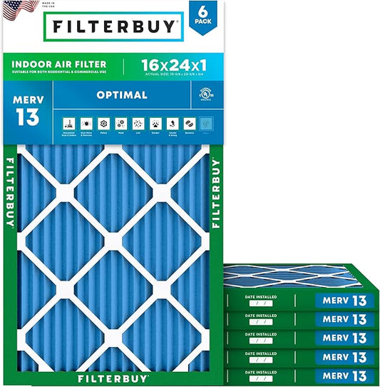 Filterbuy 16x24x1 Air Filter MERV 13 Optimal Smoke & Allergy Defense (6-Pack), Electrostatic Pleated HVAC AC Furnace Filters Replacement (Actual Size: 15.38 x 23.38 x 0.75)