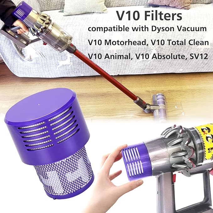 2 Pack V10 Filters Replacement for Dyson V10 Cyclone Series, V10 Absolute, V10 Animal, V10 Total Clean, SV12, Replace Part No. 969082-01, V10 Filters & 1 Clean Brush