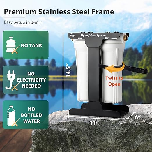iSpring CW21-PF 2-Stage RV Water Filtration System, SGS-Tested PFAS Removal, High-Capacity Tankless Design, Durable 3/4" Lead-Free Brass Connectors for RV Campers