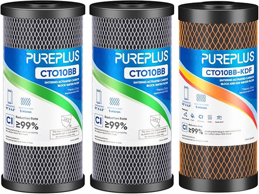 PUREPLUS 5 Micron 10"x4.5" Whole House Water Filter Replacement Bundle 3 Pack – 2× CTO Chlorine Taste Odor Reduction + 1× KDF Heavy Metal Filter – Fits Standard Housings GXWH40L, WFHDC8001, FXHTC