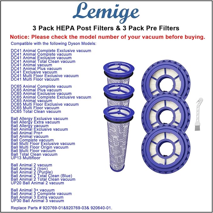 Lemige Replacement Vacuum Filters for Dyson DC41 DC65 DC66 UP13 UP20 UP30 Multi Floor Ball Animal 2 & 3 Vacuums, Part 920769-01&920640-01, 3 Post HEPA Filters & 3 Pre Filters