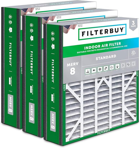Filterbuy 20x25x5 Air Filter MERV 8 Essential Dust & Allergy Defense (3-Pack), Pleated HVAC AC Furnace Filters for Trion Air Bear, Generalaire, Skuttle, and More (Actual Size: 19.63 x 24.13 x 4.88)