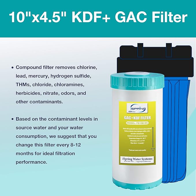 iSpring FG15B-KS Premium Quality Super Capacity GAC and KDF Carbon Filter Replacement Cartridge for Direct Connect Under Sink Water Filtration System US21B & US21B-CPB, 10” x 4.5”