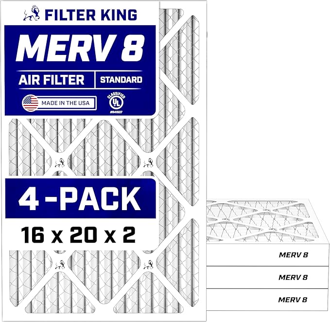 Filter King 16x20x2 Air Filter (MERV 8) (4-Pack) Dust & Allergy Control AC Furnace Filters, MADE IN USA, HVAC, Pleated, Electrostatic (Actual Size: 15.5 x 19.5 x 1.75)
