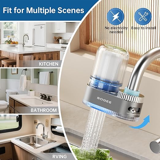 Faucet Filter, Sink Water Filter with Ceramic & Carbon Filters 200+ Gallons Remove Chlorine, Odors, Heavy Metals, Fits 15/16", 13/15", 3/4" Kitchen Faucets, 2 Filters,LJ02