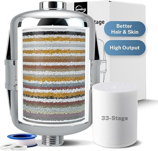 iSpring 33-Stage High Output Shower Filter, Universal Shower Head Filter for Hard Water, 99% Removal of Heavy Metals, Chlorine & Sediment, Up to 16,000 Gallons, Chrome (SF3S)