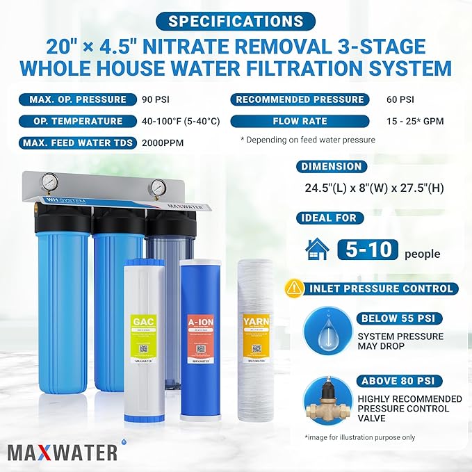 Max Water 3 Stage Whole House Water Filter System Nitrate Removal - 20" x 4.5" Wound Sediment + Anion Resin Nitrate Reduction + GAC - 1" Inlet/Outlet