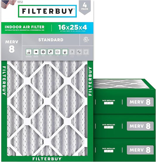 Filterbuy 16x25x4 Air Filter MERV 8 Essential Dust & Allergy Defense (4-Pack), Electrostatic Pleated HVAC AC Furnace Filters Replacement (Actual Size: 15.50 x 24.50 x 3.63)