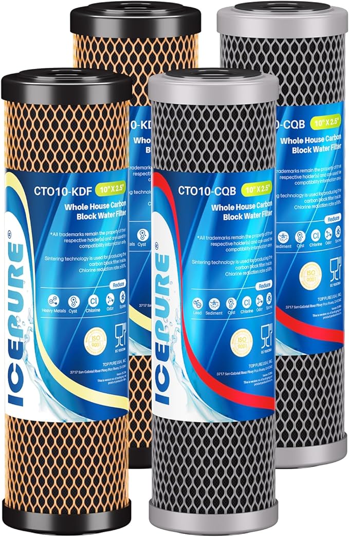 ICEPURE 2.5" x 10" Whole House Water Filter Combo Kit, KDF Filter Cartridge and Upgraded Coconut Shell Activated Carbon Lead Remove Filter Replacement for 10 Inch Water Filter System, 2 Combo