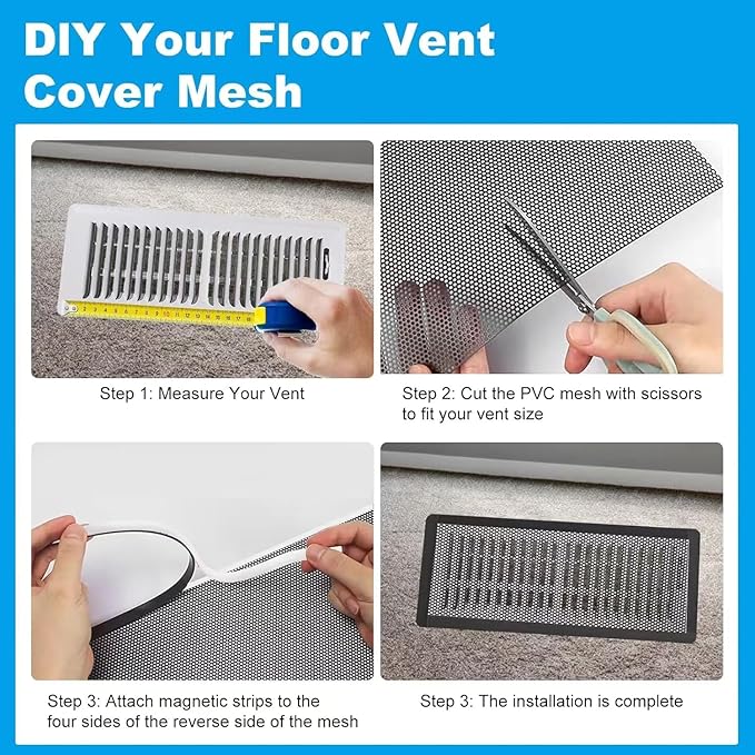 4 PCS DIY Magnetic Vent Covers 7"x13" Customizable Air Register with Easy-to-Cut Mesh & Magnetic Strips, Perfect Fit for Floor/Wall/Ceiling Vents, Home Vent Solutions （Black)