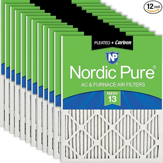 Nordic Pure 15x20x1 (Actual Size: 14 1/2 x 19 1/2 x 3/4) Pleated Air Filters MERV 13 Plus Carbon 12 Pack