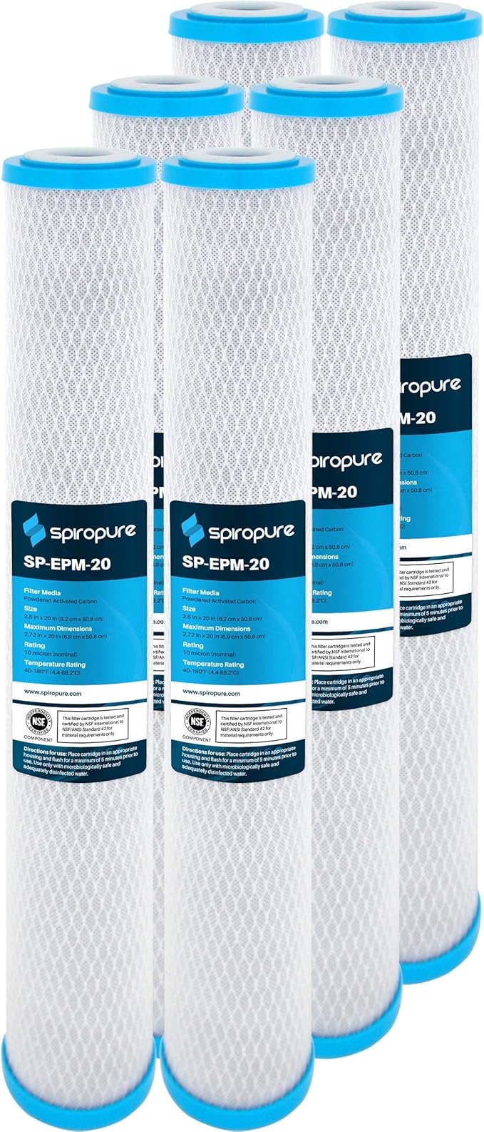 SpiroPure SP-EPM-20 20x2.5 10 Micron NSF Certified Coconut Shell Carbon Block Water Filter Cartridge EPM-20 155635-43 CB-25-2010 (Case of 6)