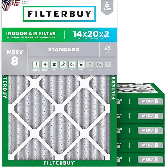 Filterbuy 14x20x2 Air Filter MERV 8 Essential Dust & Allergy Defense (6-Pack), Electrostatic Pleated HVAC AC Furnace Filters Replacement (Actual Size: 13.50 x 19.50 x 1.75)