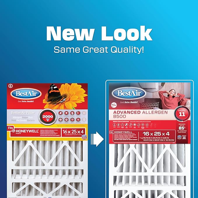 BestAir HW1625-11R AC Furnace Air Filter, 16" x 25" x 4", MERV 11, Removes Allergens & Contaminants, Fits 100%, For Honeywell Models, Pack of 3