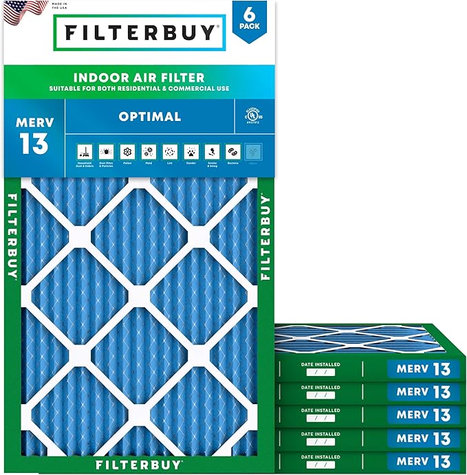 Filterbuy 16x32x1 Air Filter MERV 13 Optimal Smoke & Allergy Defense (6-Pack), Electrostatic Pleated HVAC AC Furnace Filters Replacement (Actual Size: 15.50 x 31.50 x 0.75)
