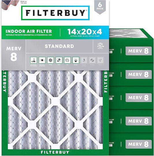 Filterbuy 14x20x4 Air Filter MERV 8 Essential Dust & Allergy Defense (6-Pack), Electrostatic Pleated HVAC AC Furnace Filters Replacement (Actual Size: 13.50 x 19.50 x 3.63)