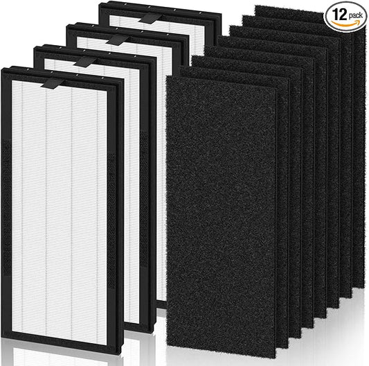 HEPA Replacement Filter for VEVA 8000 Elite Pro Series Air Purifier, 4 HEPA Filters & 8 Premium Activated Carbon Pre Filters (2+ Year Supply) for Complete Tower Air Cleaner Home & Office