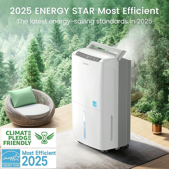 Waykar 2000 Sq. Ft 34 Pints 2025 Most Efficient Energy Star Dehumidifier for Home and Basement with Auto or Manual Drainage, Quiet 33dB Operation, 0.62 Gallon Water Tank Capacity
