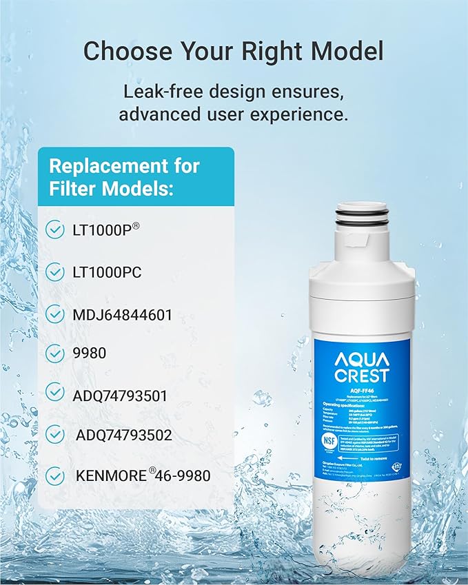 AQUA CREST LT1000PC ADQ747935 MDJ64844601 Refrigerator Water Filter, Replacement for LG® LT1000P®, LT1000PC, LT1000PCS, ADQ74793501, ADQ74793502, LFXS26973S, Kenmore 469980, 9980, 3 Filters