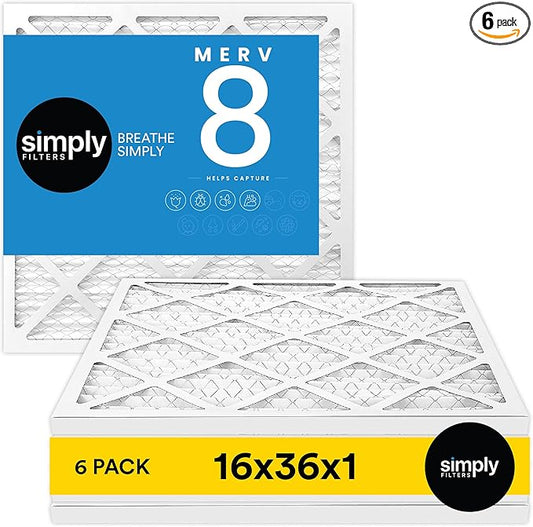 Simply 16x36x1 Air Furnace Filter For HVAC, Merv 8, 6 Pack (Actual Size: 15.75"x35.75"x0.75") DUST, Pet, & Allergy Control,