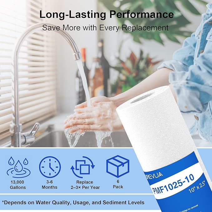 10 Micron 10" x 2.5" Sediment Filter, Whole House Water Filter Cartridge Replacement for Any 10 inch RO Unit, Compatible with Culligan P5, GE FXUSC, WFPFC5002, AP110, WHKF-GD05, Pack of 6