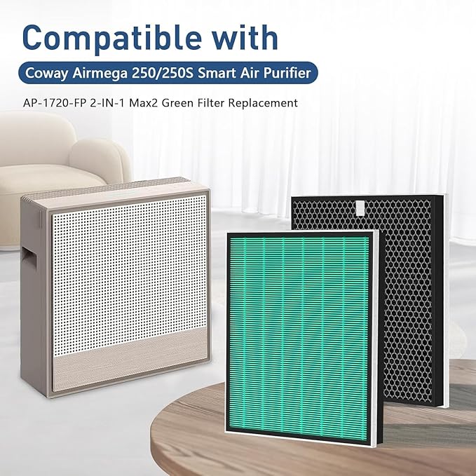 2 Pack Air Purifier Replacement Filter Compatible with Coway Airmega 250/250S Air Purifier, Max 2 Green AP 1720 FP True HEPA and Active Carbon Filter (2)