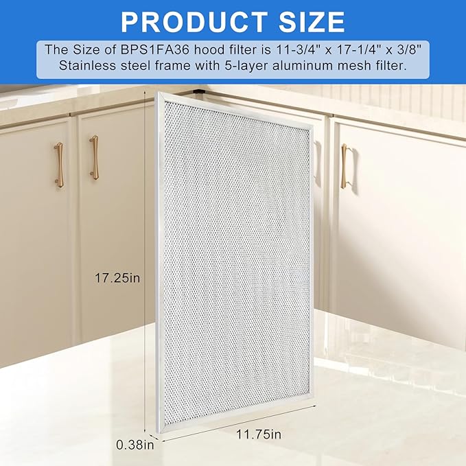2 Pack-BPS1FA36 Range Hood Filter Upgraded Stainless Steel Frame 11-3/4" X 17-1/4" X 3/8" Replacement for NuTone Allure 36" WS1 and Broan QS1 36-Inch Filter