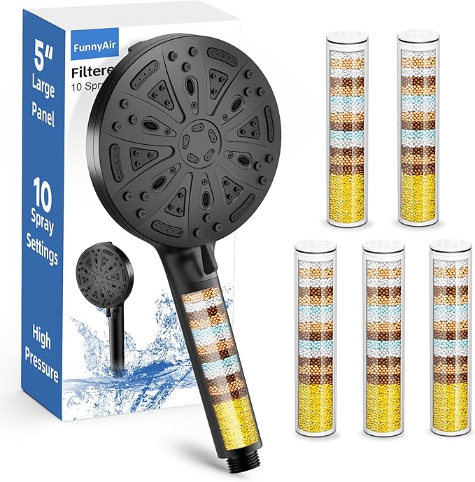Filtered Shower Head with Handheld, FunnyAir 5" High Pressure Shower Heads, Handheld Shower Head with 5-PCS Filters for Hard Water - Remove Chlorine (5 Filters, Matte Black)