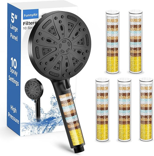 Filtered Shower Head with Handheld, FunnyAir 5" High Pressure Shower Heads, Handheld Shower Head with 5-PCS Filters for Hard Water - Remove Chlorine (5 Filters, Matte Black)