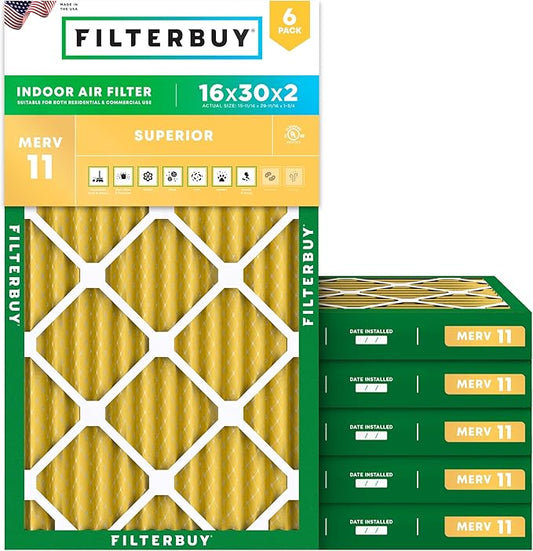 Filterbuy 16x30x2 Air Filter MERV 11 Superior Pet & Allergy Defense (6-Pack), Electrostatic Pleated HVAC AC Furnace Filters Replacement (Actual Size: 15.69 x 29.69 x 1.75)