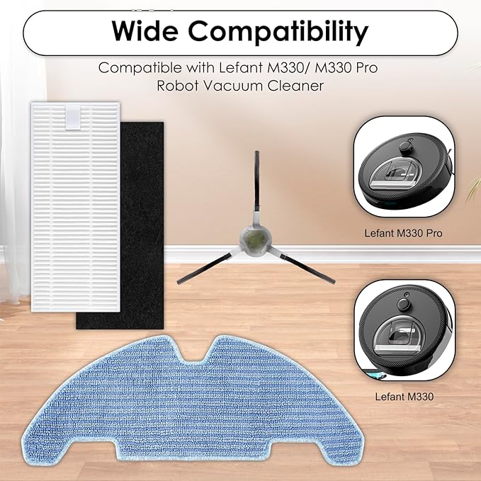 (18 Pack) M330 Pro Replacement Parts Compatible with Lefant M330/ M330 Pro Robot Vacuum Cleaner, 8 Side Brushes, 8 HEPA Filters with Foam Filters, 2 Mop Pads, Accessories Kit