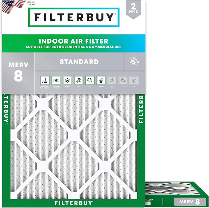 Filterbuy 15.5x19.5x1 Air Filter MERV 8 Essential Dust & Allergy Defense (2-Pack), Electrostatic Pleated HVAC AC Furnace Filters Replacement (Actual Size: 15.50 x 19.50 x 0.75)
