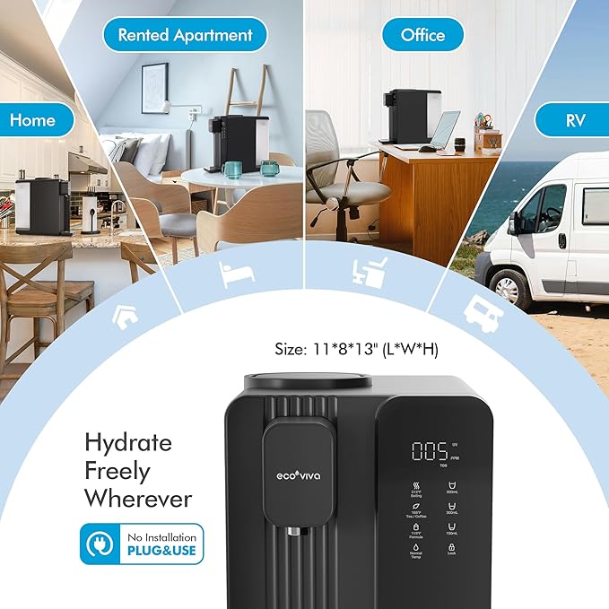 Ecoviva MATE4 UV Countertop Reverse Osmosis Water Filter System, 4 Temperature Options, 7 Stages Instant Hot RO Water Filtration System, 3:1 Pure to Drain, TDS & Filter Life Monitor, (Black & Grey)