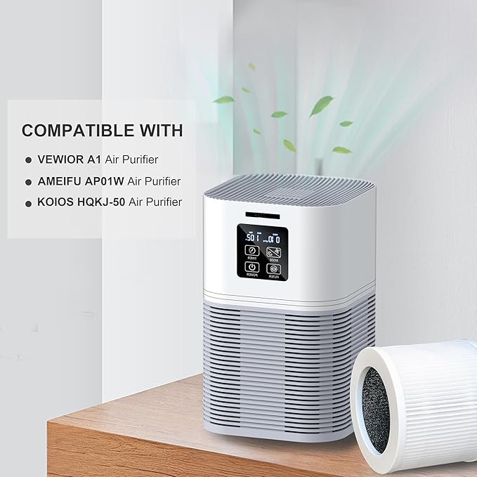 A1 Replacement Filter, Compatible with Vewior A1 Air Purifier HQSC-50, HQKJ-80 and AMEIFU AP01W, KOIOS HQKJ-50 Air Purifier, 3-in-1 True HEPA Replacement, H13 True HEPA fILTER, 2-PACK