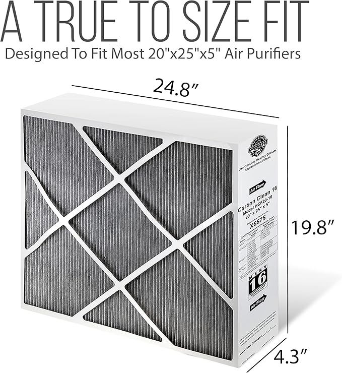 Lennox 20x25x5 Furnace Filter, X6675 Filter Replacement, Merv 16 Carbon Clean Filter Media with Homequip Disposal Bag 5-Pack (Actual Size: 19.8 x 24.8 x 4.3 Inches)