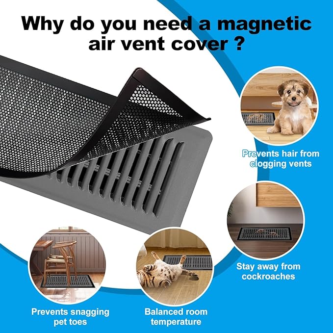 6 PCS Magnetic Vent Covers-5.5x12 Magnetic Air Vent Covers with Mesh Screen for Floor/Wall/Ceiling Registers-Easy to Install, Secure Fit, Durable Design-Black