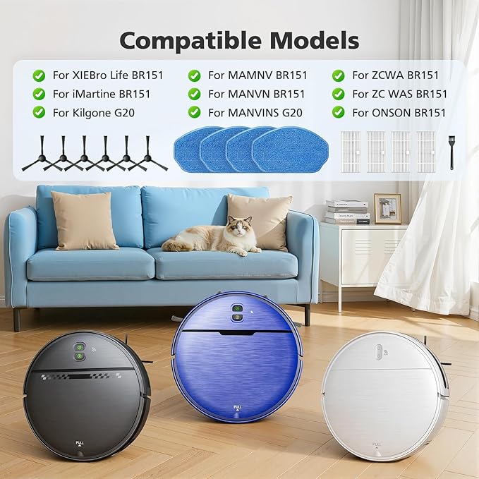 BR151 Robot Vacuum Replacement Parts for iMartine BR151, for XIEBro Life BR151, for MAMNV/ZCWA/ONSON/MANVN/ZC was BR151, for Kilgone G20, for MANVINS G20, 4 Filters, 4 Mop Pads, 6 Side Brush