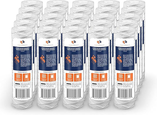 Aquaboon Whole House 1 Micron String Wound Water Filter 10 x 2.5 Cartridge for Well Water Filter Replacement Compatible with WHKF-WHSW, AP110, 25-Pack