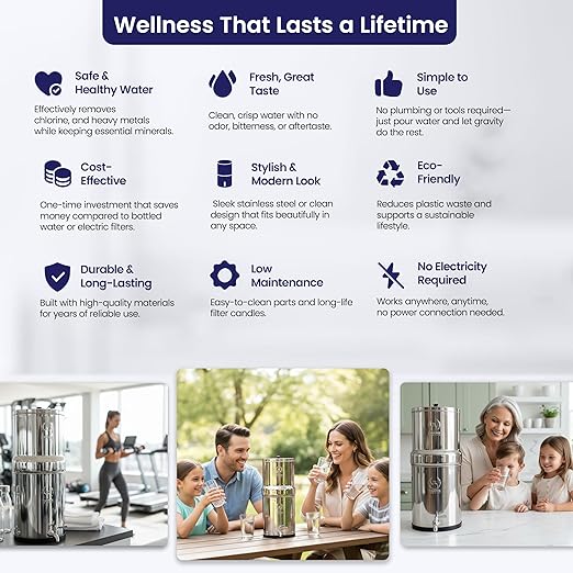 2.25 G Gravity Water Filter System | Dual Carbon Filtration | NSF/ANSI 42 & 372 Certified | Removes 99.9% Lead, PFAS, Chlorine & 200+ Contaminants | Countertop Stainless Steel Water Filter | Portable