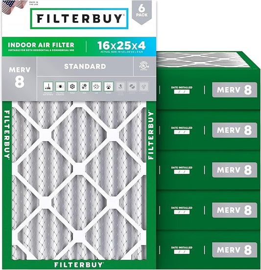 Filterbuy 16x25x4 Air Filter MERV 8 Essential Dust & Allergy Defense (6-Pack), Electrostatic Pleated HVAC AC Furnace Filters Replacement (Actual Size: 15.50 x 24.50 x 3.63)