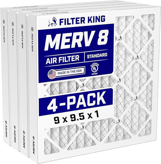 Filter King 9x9.5x1 Air Filter (MERV 8) (4-Pack) Dust & Allergy Control AC Furnace Filters, MADE IN USA, HVAC, Pleated, Electrostatic (Actual Size: 9 x 9.5 x .75)