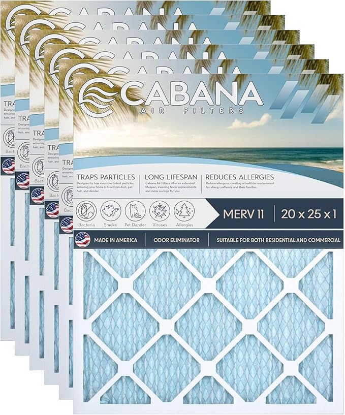 Cabana Filters 6-Pack 20x25x1 MERV 11 AC Furnace Air Filter for Home and Office - Indoor HVAC System Filtration Replacement, Captures Unwanted Particles